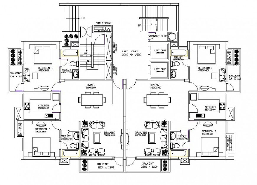 Twin apartment layout plan drawing in dwg AutoCAD file.