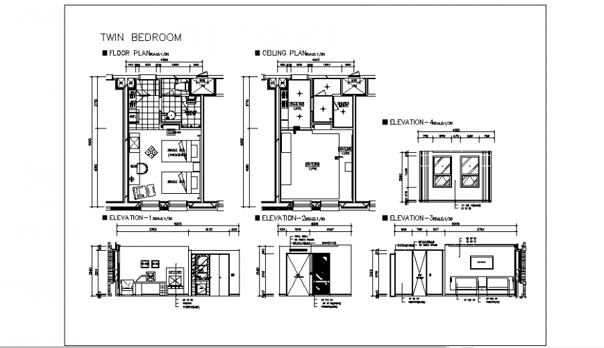 Twin bed room of hotel room project design drawing