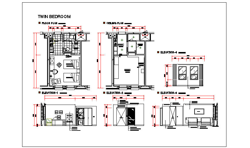 Twin bedroom design drawing of Hotel room project design