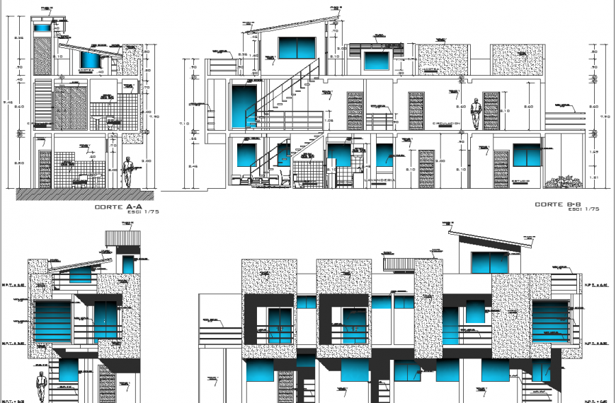 Twin bungalow elevation detail drawing in dwg AutoCAD file.