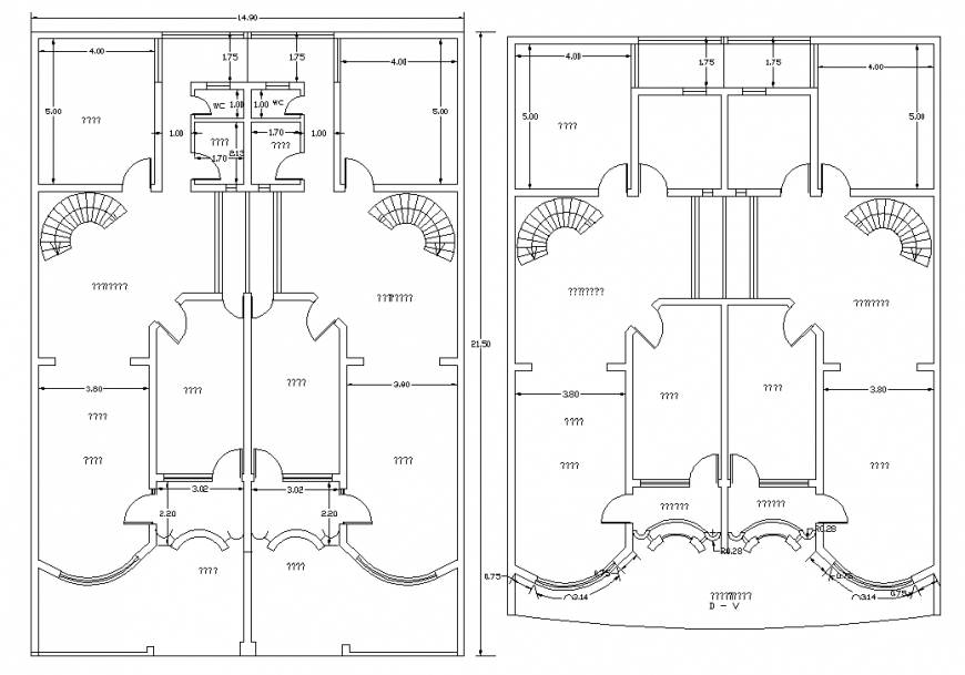 Twin Bungalow plan drawing in dwg file.