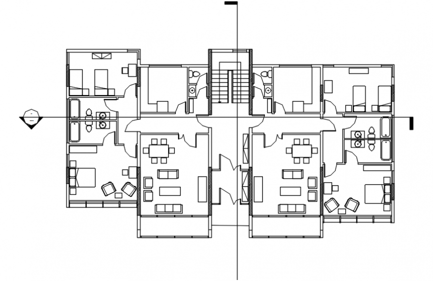 Twin house distribution layout plan with furniture cad drawing details dwg file