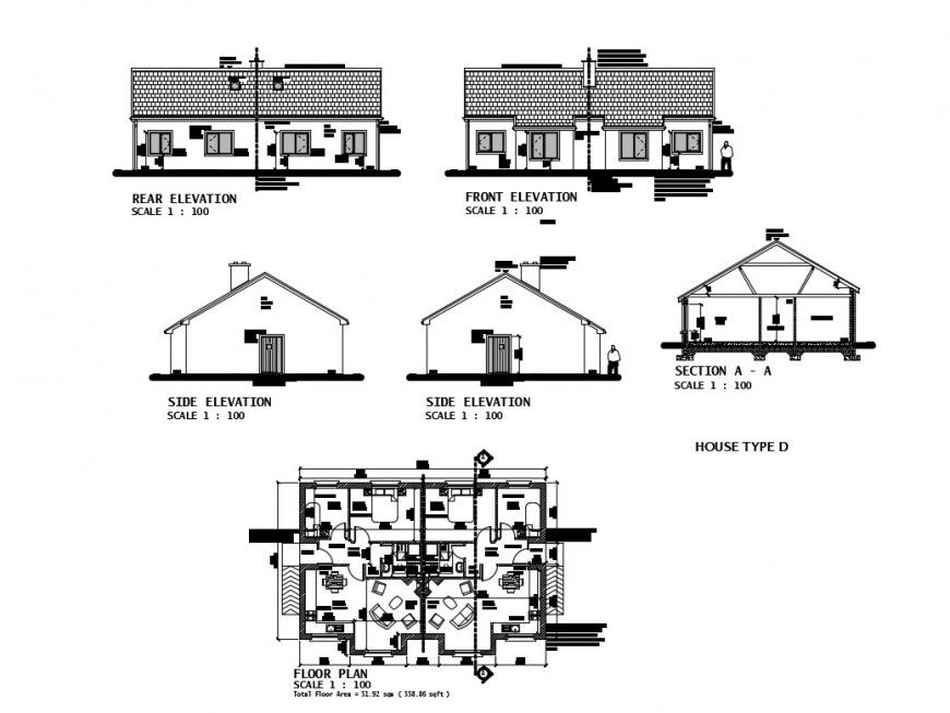 Twin house elevation, section and layout plan cad drawing details dwg file