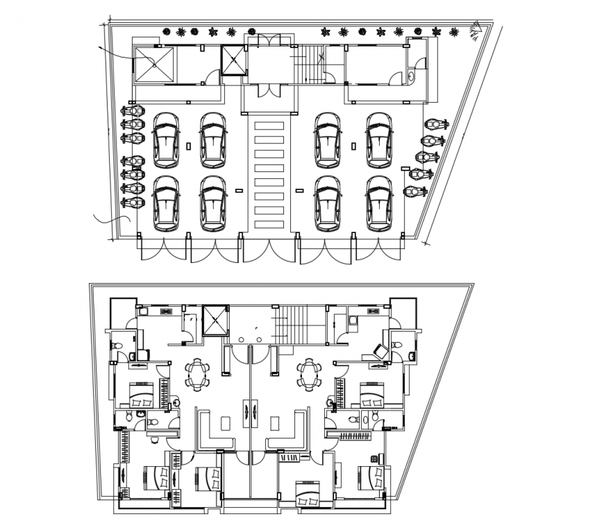 Twin house parking and first floor plan cad drawing details dwg file