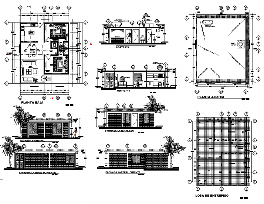 Two-bhk housing building structure detail plan, elevation and section 2d view dwg file