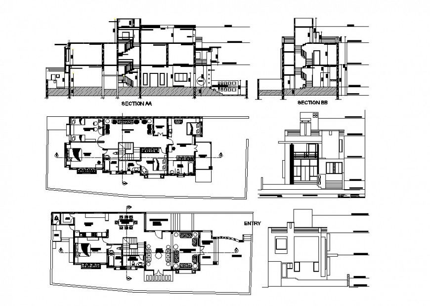 Two-flooring house elevation, section, plan and floor plan cad drawing details dwg file