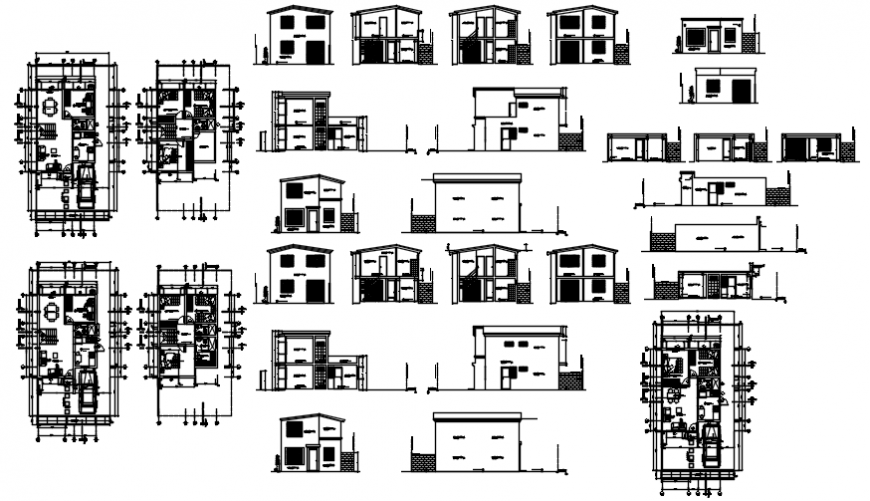 Two-flooring house elevations, section and floor plan distribution details dwg file
