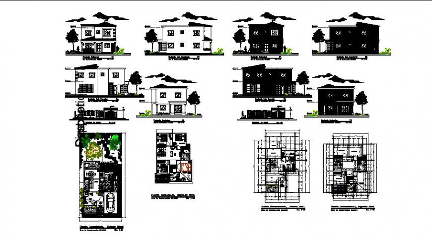 Two-flooring house elevations, sections and floor plan cad drawing details dwg file