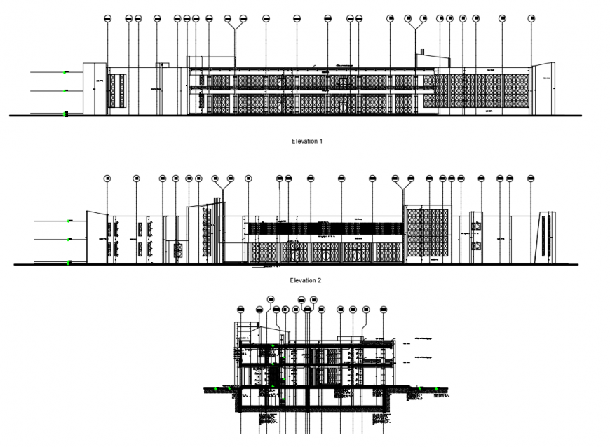 Two-level club house facade and back elevation and facade sectional details dwg file