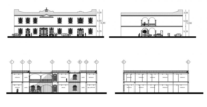 Two-level hotel elevation and section cad drawing details dwg file