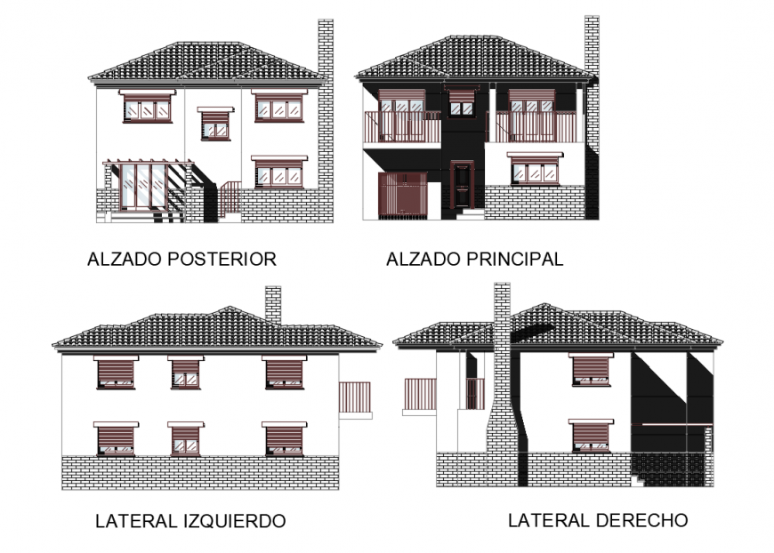 Two-level house all sided elevation and section cad drawing details dwg file