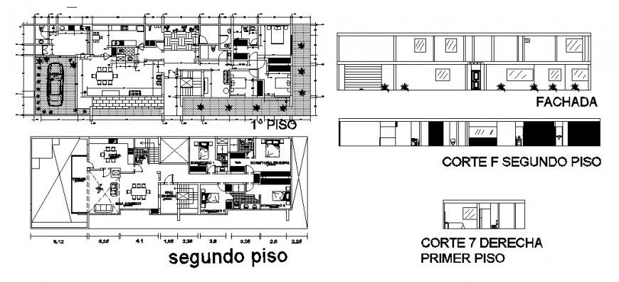 Two-level house elevation, section, floor plan cad drawing details dwg file