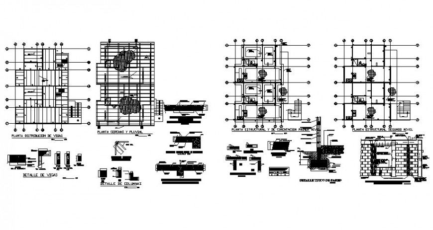 Two-level house foundation plan and constructive structure details dwg file