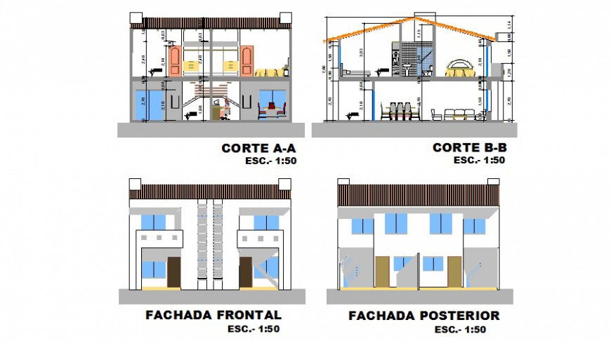 Two-level house front and back elevation and section details dwg file