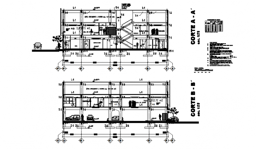 Two-level house front and back sectional details dwg file