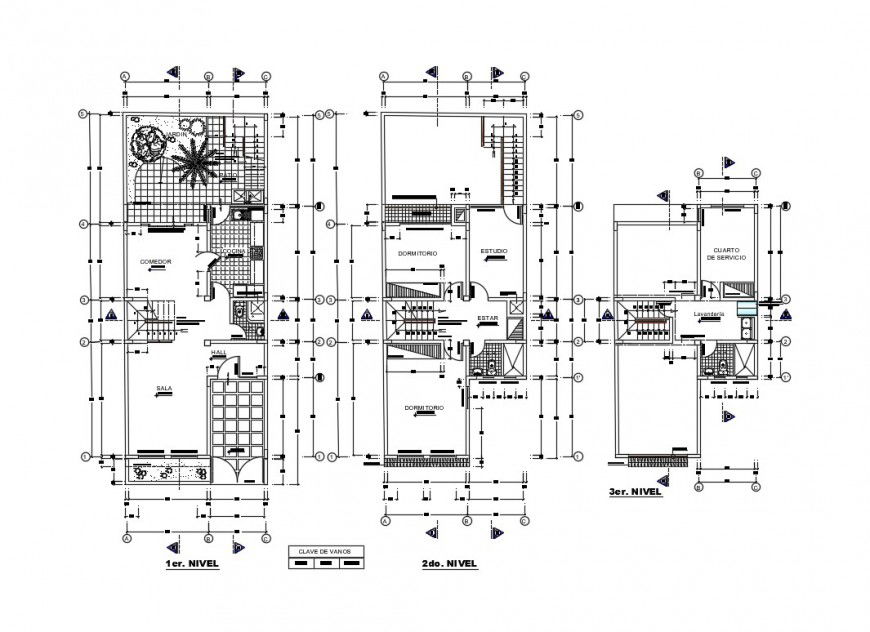 Two-level house ground, first and terrace floor plan details dwg file