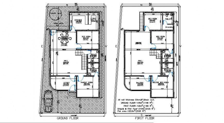Two-level house ground and first floor layout plan cad drawing details dwg file