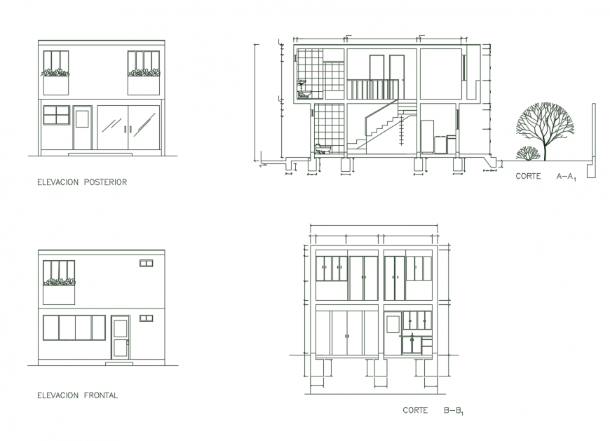 Two-level house main and back elevation and section drawing details dwg file
