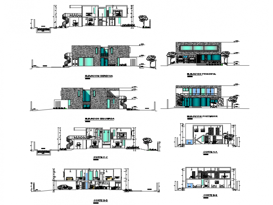 Two-level housing bungalow all sided elevation and sectional details dwg file
