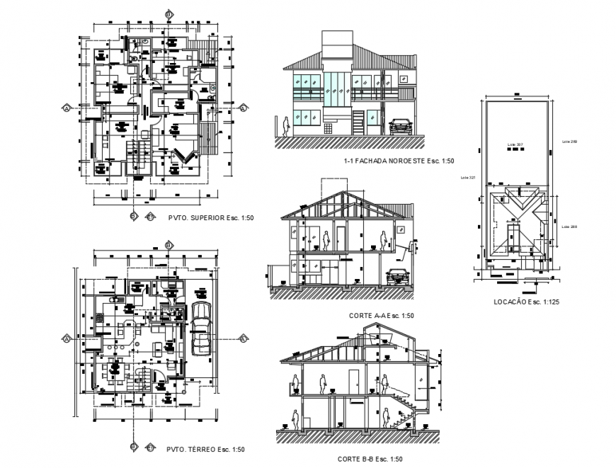 Two-level housing bungalow elevation, section and floor plan layout details dwg file