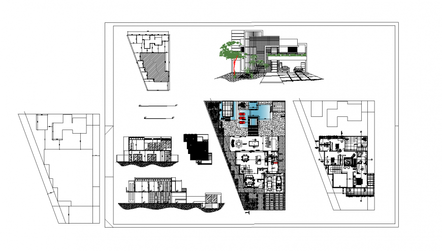 Two-level modern house elevation, section, floor plan and auto-cad drawing details dwg file