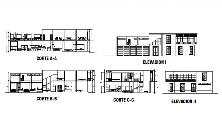 Two-level multi-cuisine restaurant all sided elevation and sectional details dwg file