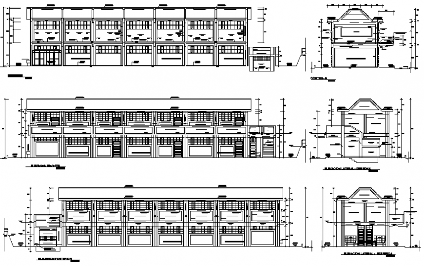 Two-level school building elevation and section cad drawing details dwg file