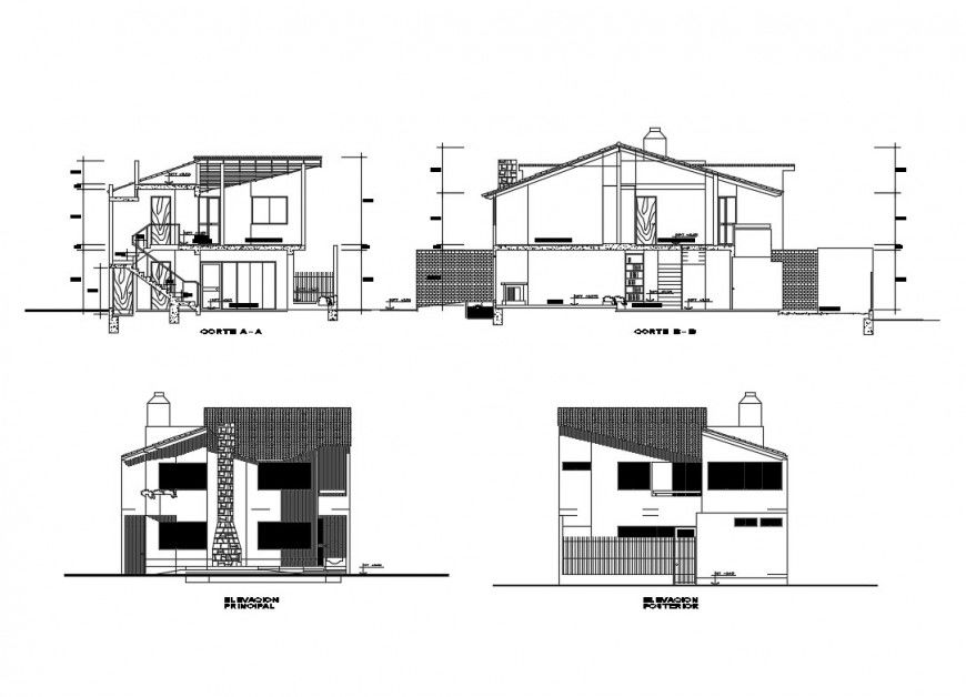 Two-level small house elevation and section details dwg file
