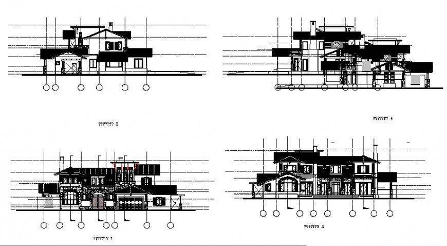 Two-level villa all sided elevation and section details dwg file