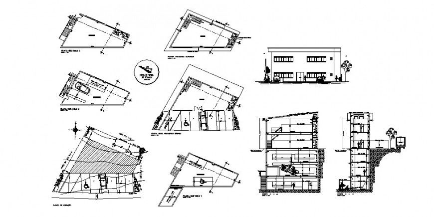 Two-Story Bi-Level Store Plan with Elevation in DWG file