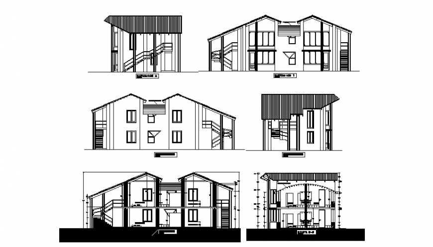 Two-story bungalow all side elevation and sectional details dwg file