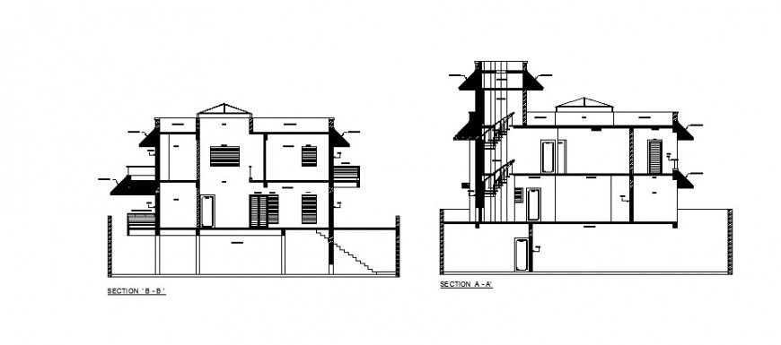 Two-story bungalow facade and back section cad drawing details dwg file