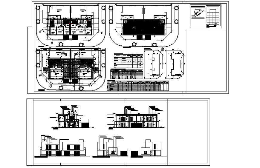 Two-story house elevation, section, floor plan and constructive details dwg file