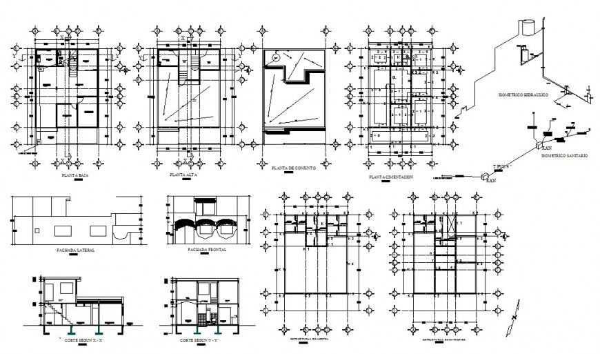 Two-story house elevation, section, foundation structure and floor plan auto-cad drawing details dwg file