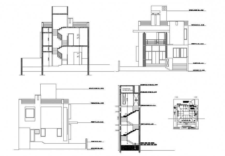 Two-story house elevation, section and staircases section cad drawing details dwg file