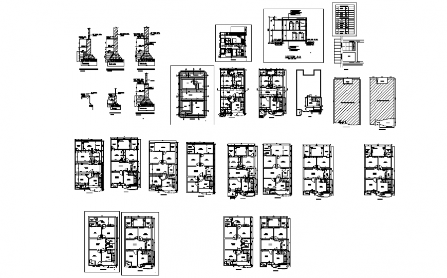 Two-story house floor plan, section, cover plan and wall constructive structure details dwg file
