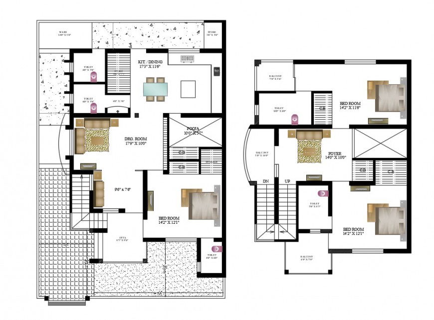 Two-story house floor plan cad drawing details dwg file