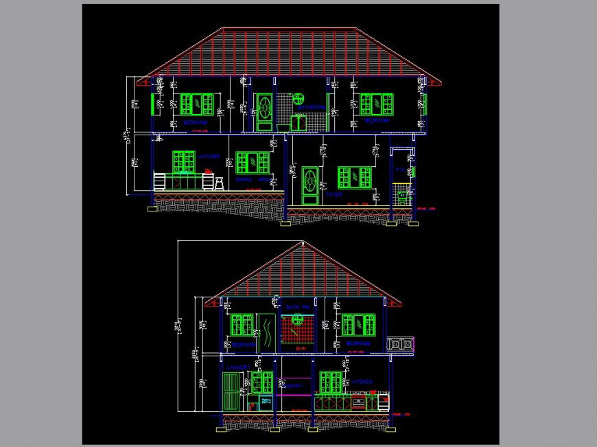 Two-story house front and back section cad drawing details jpg file