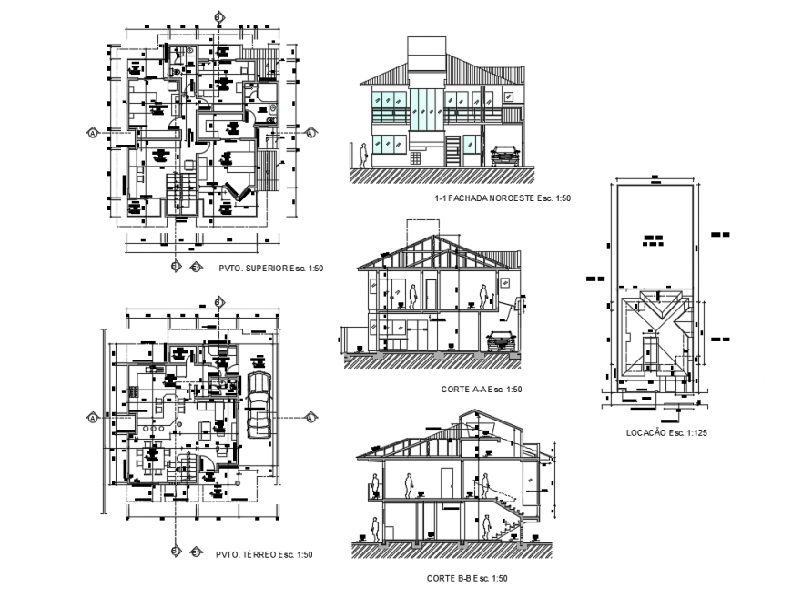 Two-story house main elevation, section and floor plan details dwg file