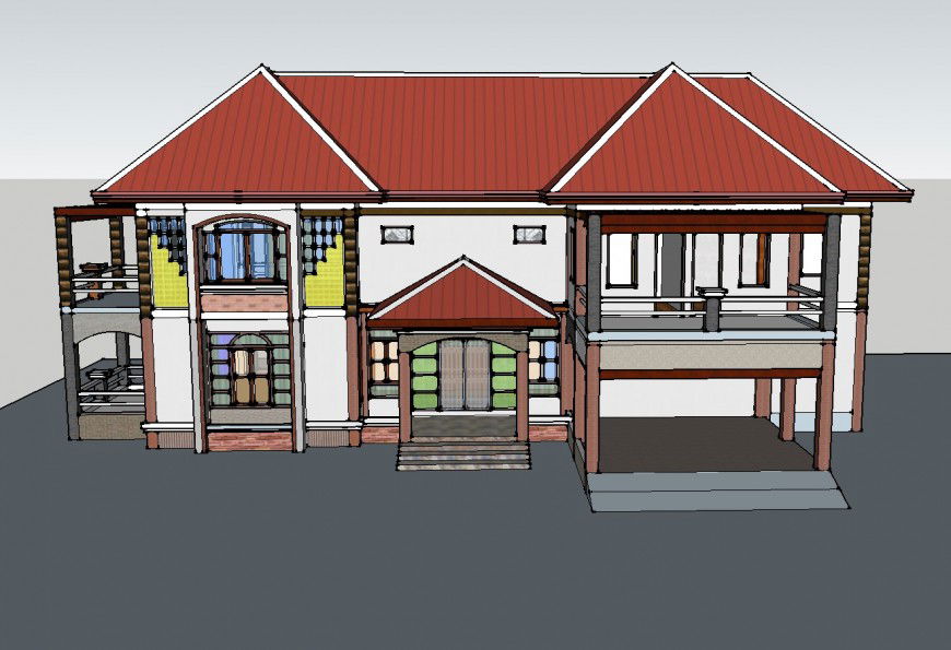 Two-story one family house 3d drawing details skp file