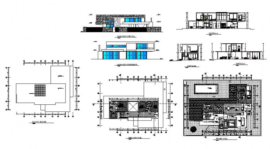 Two-story one family house elevation, section, floor plan and auto-cad drawing details dwg file