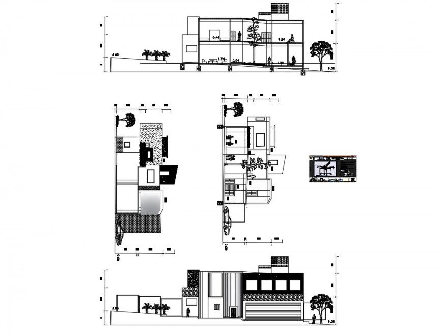 Two-story one family house facade and back elevation and section details dwg file