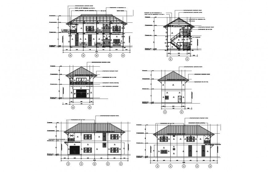 Two-story residential house elevation and section cad drawing details dwg file
