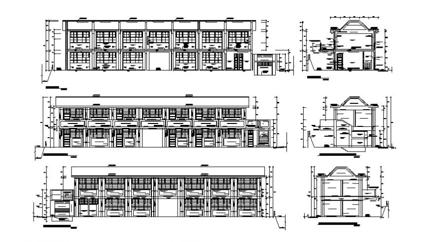 Two-story school building all sided elevation and sectional details dwg file