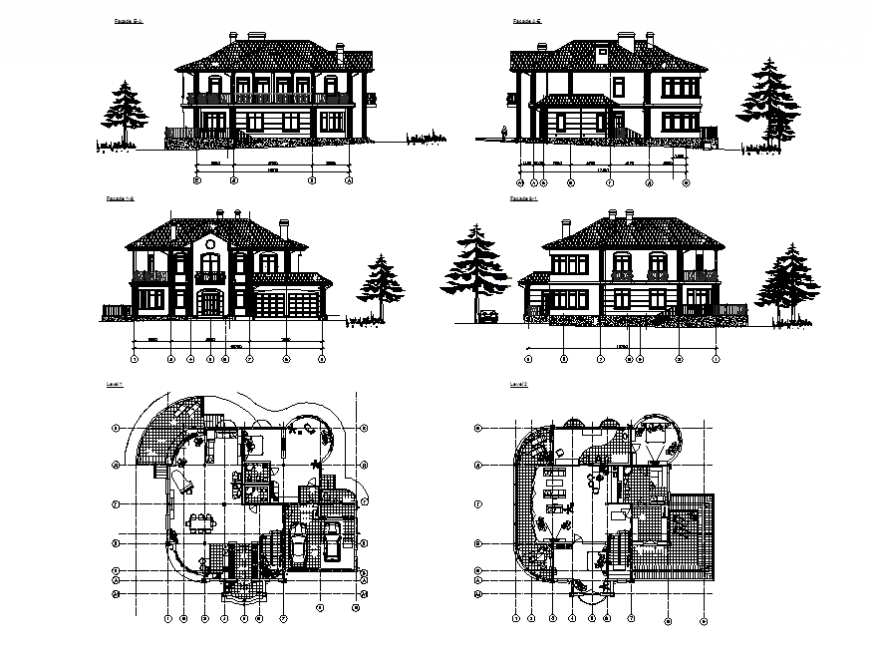 Two-story villa all sided elevation and floor plan details dwg file