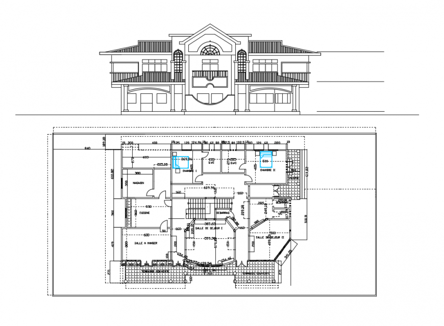 Two-story villa elevation and distribution plan cad drawing details dwg file
