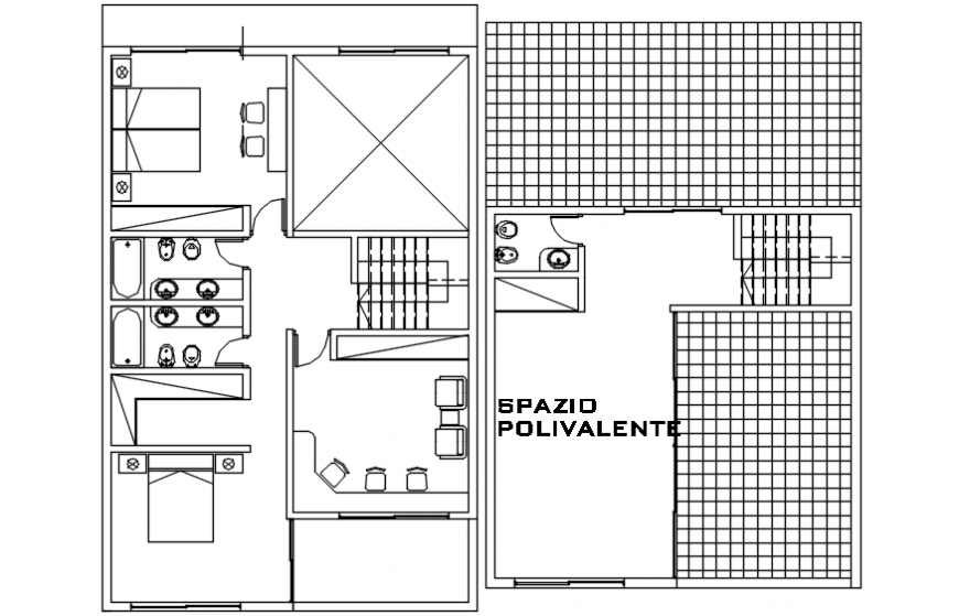 Two attach bedrooms layout plan with furniture cad drawing details dwg file