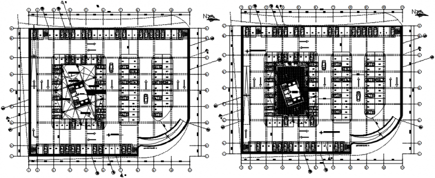 Two basement floor plan drawing details for office tower building dwg file