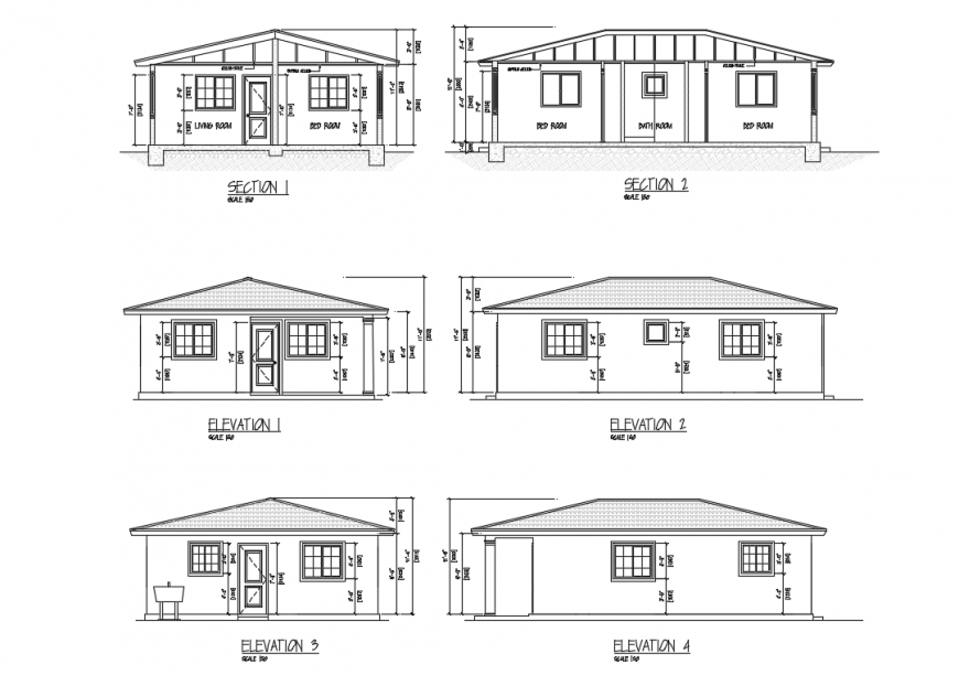 Two bedroom house all sided elevations and sectional details dwg file