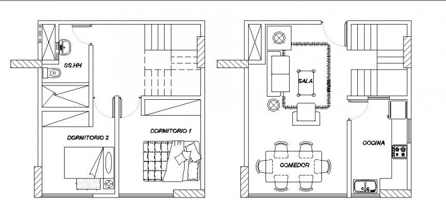 Two bedroom house architecture distribution plan cad drawing details dwg file